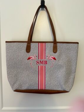 Barrington Gifts Gray & Pink Flamingo Tote Bag with Brown Trim